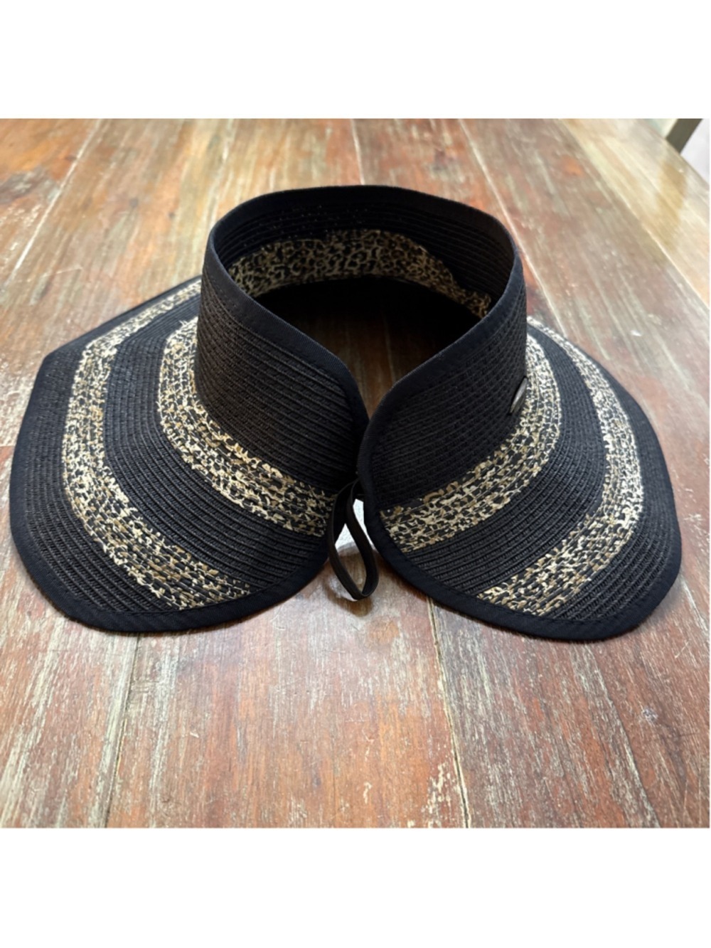 Scala Handcrafted Leopard Print Straw Sun Visor Wide Brim Black One Size - Picture 6 of 9